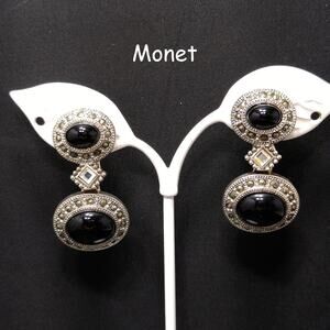 Monet Black Cabochon Clip Earrings – Vintage 1980s Silver Tone